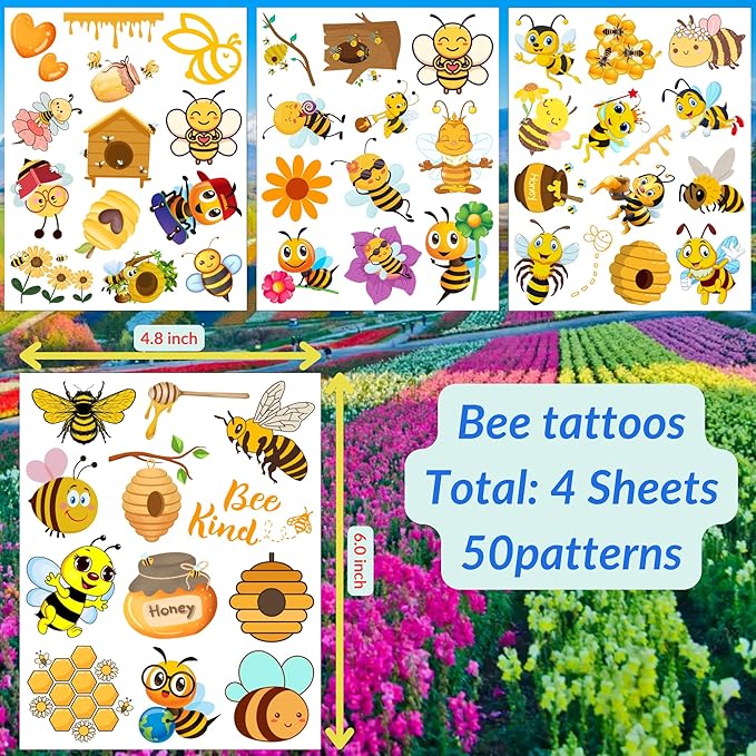 Bee Temporary Tattoo - 50Pcs Bee Birthday Party Festival Décor