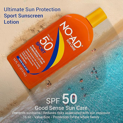 NO-AD SPF 50 SPORT Sunscreen Lotion | Hypoallergenic | Broad Spectrum UVA/UVB Protection | Water Resistant | Octinoxate & Oxybenzone Free with moisturizing Vitamin E and Aloe 16oz | Pack of 2