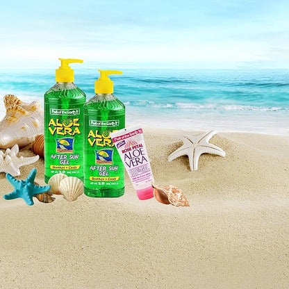 46oz Bulk Pack Fruit of the Earth Aloe Vera After Sun Gel, Set of 3, Pure Aloe Vera 100% Gel For Sunburn Relief, Includes 2 Pumps (20 oz) and 1 Travel Size Rose Aloe Vera (6 oz) + Bonus ZompoZ Tissues