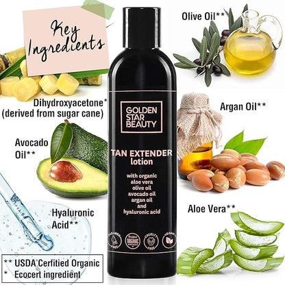 Tan Extender Daily Moisturizer - Best After Tanning Lotion w/Organic Oils and Hyaluronic Acid to Extend Your Tan from Sunless Tanner, Spray Tan, Sun or Tanning Bed 8.0 fl.oz.- Booklet included