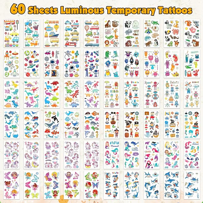 700+Pcs Luminous Tattoos For Kids, Glow In The 60 Sheets
