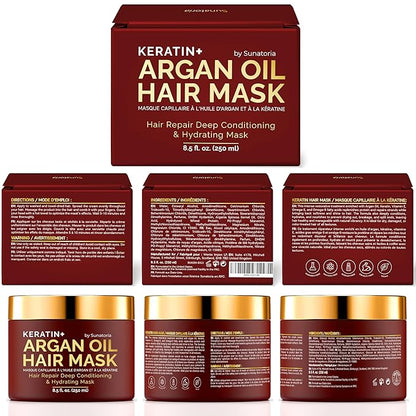SUNATORIA Hair Mask with Keratin & Argan Oil - Conditioner for Dry, Damaged, Frizzy Hair & Split Ends - Hair Treatment Serum for Hair Repair & Hydrating - 8.5 Fl Oz