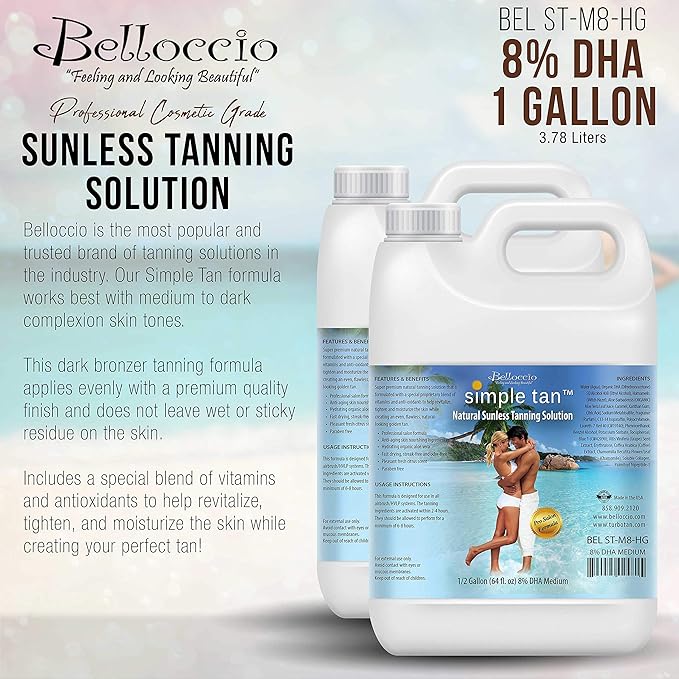 Belloccio Simple Tan Gallon Bottle of Professional Salon Sunless Tanning Solution with 8% DHA and Dark Bronzer Color Guide