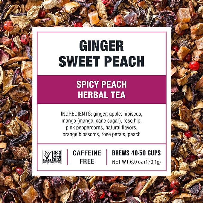 Tiesta Tea - Ginger Sweet Peach | Loose Leaf | Spicy Peach Herbal Tea | Tranquility Non-Caffeinated Blend | Bulk Hibiscus Leaves with Cane Sugar | Brews Up to 50 Cups | 6 Ounce Refillable Tin