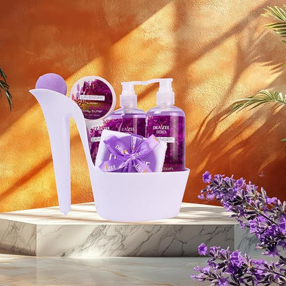 Draizee Mothers Day Gifts for Mom- Spa Gift Baskets for Women, 8 Pcs Luxury Lavender Scented Heel Shoe Design Bath and Body Spa Set, Body Care Set for Her-Self Care Package for Women, Presents for Mom