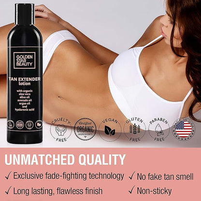 Tan Extender Daily Moisturizer - Best After Tanning Lotion w/Organic Oils and Hyaluronic Acid to Extend Your Tan from Sunless Tanner, Spray Tan, Sun or Tanning Bed 8.0 fl.oz.- Booklet included
