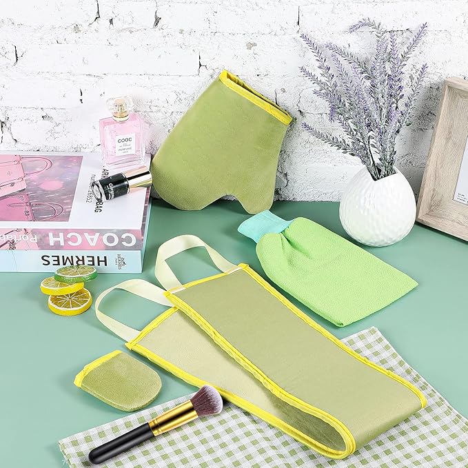 5 Pieces Self Tanning Mitt Applicator Kit, Includes Exfoliating Glove, Tanning Mitt, Mini Face Mitt, Back Lotion Applicator with Self Tanner Brush Large Flat Top Makeup Brush (Green)