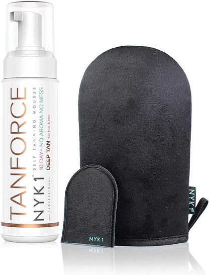NYK1 Tan Force Sunless Self Tanning Mousse with MegaMitt Tanning Mitt - Salon Quality Streak Free Self Bake Tan Foam Tanning Oil Self Tanner - Natural Look Dry Golden Bronzer Cream - 250ml