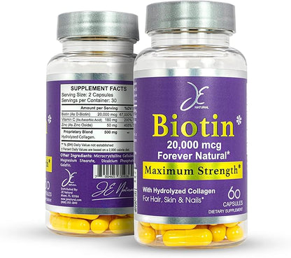Biotin Hair Skin and Nails Vitamins, Vitamin C, Biotin and Collagen Supplements That Make Hair Grow Faster and Longer, for All Ages, 60 Capsules of Biotin 20000mcg Maximum Strength.