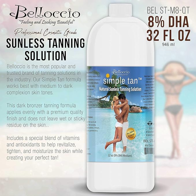 Belloccio Simple Tan Quart Bottle of Professional Salon Sunless Tanning Solution with 8% DHA and Dark Bronzer Color Guide