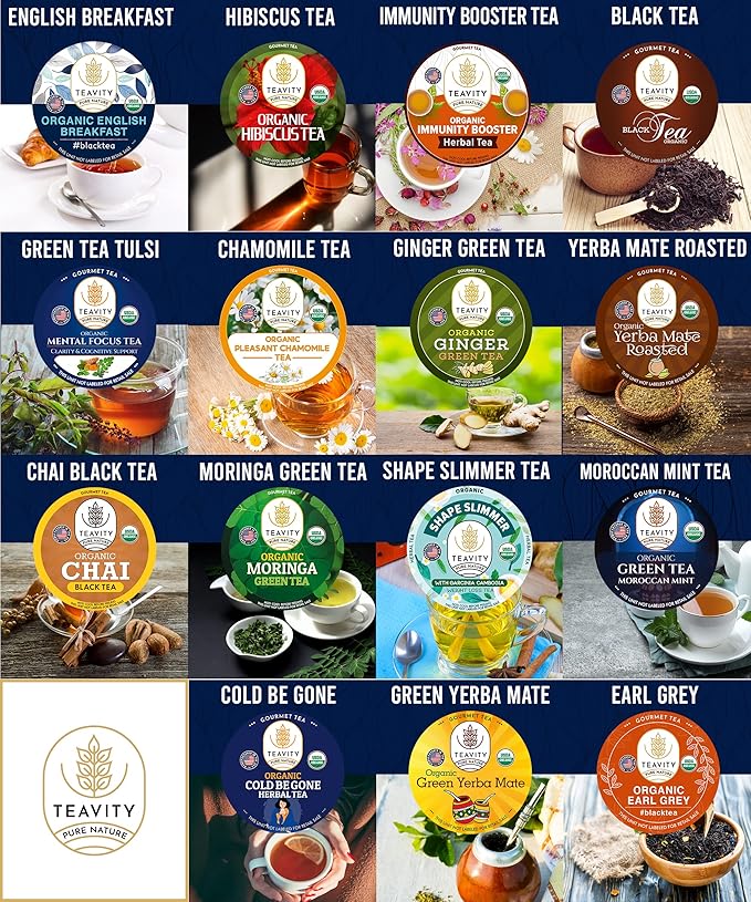 Organic Tea Pods Variety Pack - Assorted Sampler Pack Compatible for Keurig Brewer and Coffee Maker - Earl Grey, English Breakfast, Chai, Chamomile - Herbal Tea Pod for K Cup Keurig Brewing -15 count (Pack of 1) by Teavity