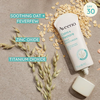 Aveeno Calm + Restore Daily Moisturizer Mineral Sunscreen with Broad Spectrum SPF 30, Lightweight All Day Moisture + UVA/UVB Sun Protection for Sensitive Skin, Fragrance Free, 1.7 fl. Oz