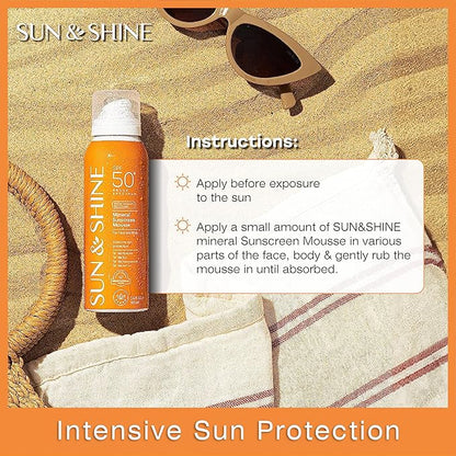 SUN & SHINE MINERAL SUNSCREEN MOUSSE: 100% mineral zinc oxide SPF50 Broad Spectrum UVA UVB, Face Body Protection, Sunburn Spray Zinc Oxide for Sensitive Skin, fragrance free 3.4 Oz
