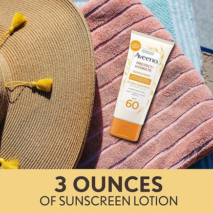 Aveeno Protect + Hydrate Moisturizing Body Sunscreen Lotion with Broad Spectrum SPF 60 & Prebiotic Oat, Weightless & Refreshing Feel, Paraben-Free, Oil-Free, Oxybenzone-Free, 3.0 fl. Oz